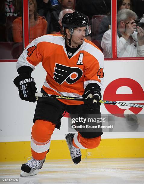 Kimmo Timonen of the Philadelphia Flyers skates against the Detroit Red Wings during preseason action at the Wachovia Center on September 22, 2009 in...