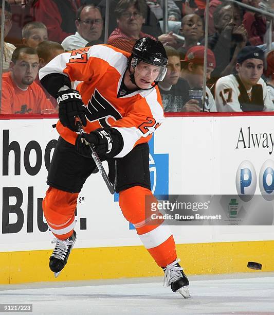 Mika Pyorala of the Philadelphia Flyers skates against the Detroit Red Wings during preseason action at the Wachovia Center on September 22, 2009 in...