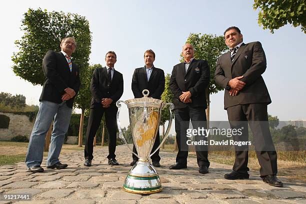 French coaches Jacques Brunel, , Guy Noves ; Jean-Marc Lhermet , Laurent Rodriguez and Laurent Seigne pose during the Heineken Cup Launch at...