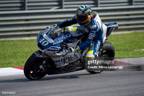 Xavier Simeon of Belgium and Reale Avintia Racing heads down a straight during the MotoGP test in Sepang at Sepang Circuit on January 30, 2018 in...