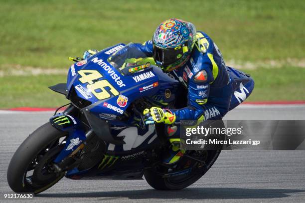 Valentino Rossi of Italy and Movistar Yamaha MotoGP rounds the bend during the MotoGP test in Sepang at Sepang Circuit on January 30, 2018 in Kuala...