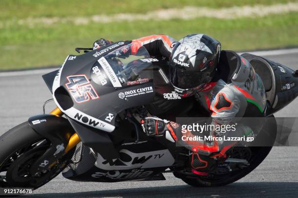 Scott Redding of Great Britain and Aprilia Racing Team Gresini rounds the bend during the MotoGP test in Sepang at Sepang Circuit on January 30, 2018...
