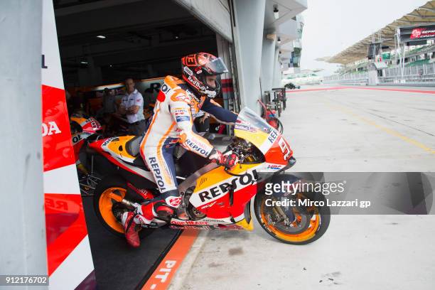 Marc Marquez of Spain and Repsol Honda Team starts from the pit during the MotoGP test in Sepang at Sepang Circuit on January 30, 2018 in Kuala...