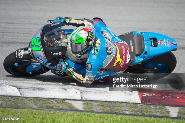 Franco Morbidelli of Italy and EG 00 Marc VDS rounds the bend during the MotoGP test in Sepang at Sepang Circuit on January 30, 2018 in Kuala Lumpur,...