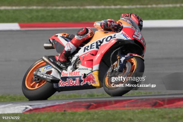 Marc Marquez of Spain and Repsol Honda Team heads down a straight during the MotoGP test in Sepang at Sepang Circuit on January 30, 2018 in Kuala...