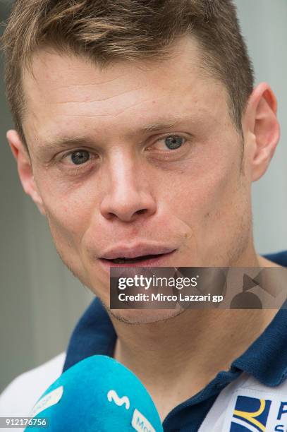 Esteve Rabat of Spain and Reale Avintia Racing speaks with journalists during the MotoGP test in Sepang at Sepang Circuit on January 30, 2018 in...