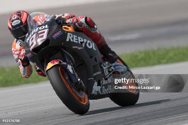 Marc Marquez of Spain and Repsol Honda Team heads down a straight during the MotoGP test in Sepang at Sepang Circuit on January 30, 2018 in Kuala...