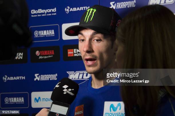 Maverick Vinales of Spain and Movistar Yamaha MotoGP speaks with journalists during the MotoGP test in Sepang at Sepang Circuit on January 30, 2018...