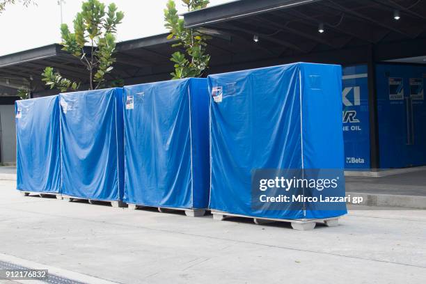 Crates park in paddock e ready for traveling in Thailand during the MotoGP test in Sepang at Sepang Circuit on January 30, 2018 in Kuala Lumpur,...