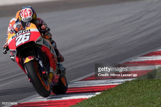 Dani Pedrosa of Spain and Repsol Honda Team heads down a straight during the MotoGP test in Sepang at Sepang Circuit on January 30, 2018 in Kuala...