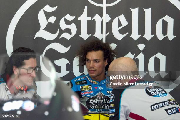 Franco Morbidelli of Italy and EG 00 Marc VDS looks on in the pit during the MotoGP test in Sepang at Sepang Circuit on January 30, 2018 in Kuala...