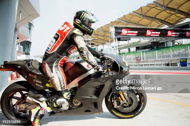Cal Crutchlow of Great Britain and LCR Honda starts from the pit during the MotoGP test in Sepang at Sepang Circuit on January 30, 2018 in Kuala...