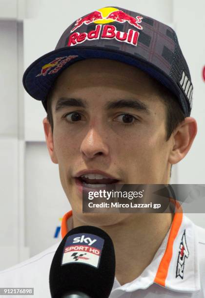 Marc Marquez of Spain and Repsol Honda Team speaks with journalists during the MotoGP test in Sepang at Sepang Circuit on January 30, 2018 in Kuala...