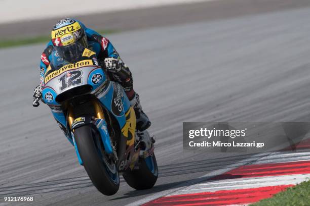 Tom Luthi of Switzerland and and Team EG 0,0 Marc VDS heads down a straight during the MotoGP test in Sepang at Sepang Circuit on January 30, 2018 in...