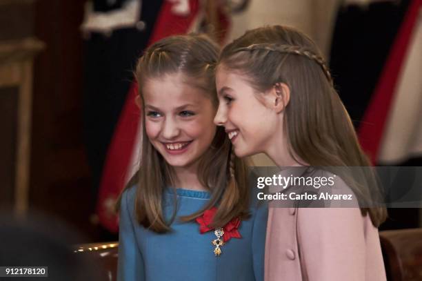 Princess Leonor of Spain and Princess Sofia of Spain attend the Order of Golden Fleece , ceremony at the Royal Palace on January 30, 2018 in Madrid,...