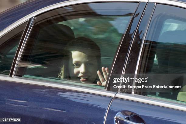 Princess Leonor is seen leaving the act where King Felipe of Spain delivers Collar of The Distinguished 'Toison de Oro' to her daughter Princess...