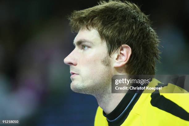 Carsten Lichtlein of Lemgo is seen prior to the Toyota Handball Bundesliga match between HSG Wetzlar and TBV Lemgo at the Rittal Arena on September...