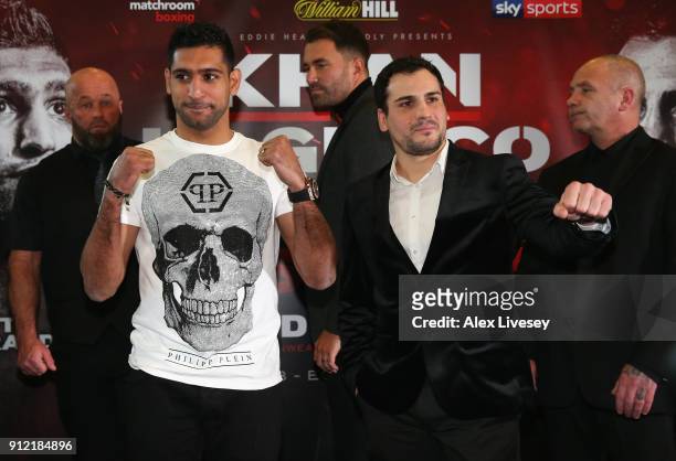 Amir Khan and Phil Lo Greco pose for a photo during an Amir Khan and Phil Lo Greco press conference at the Hilton Hotel on January 30, 2018 in...