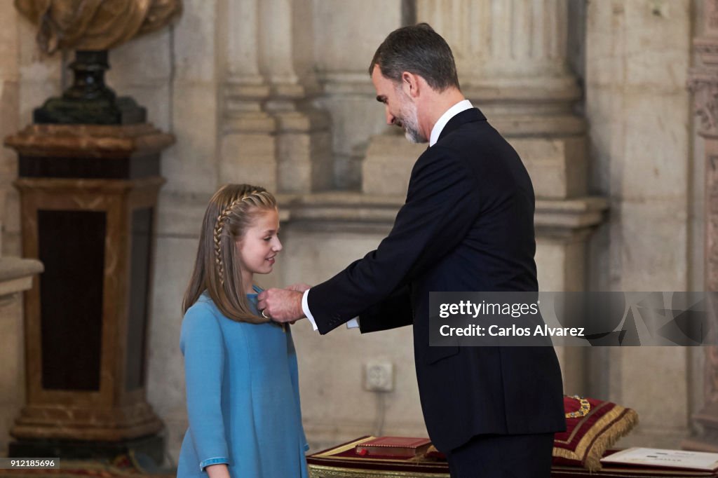 King Felipe Of Spain Delivers Collar Of The Distinguished 'Toison de Oro' To Princess Leonor