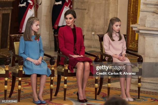 Princess Leonor of Spain, Queen Letizia of Spain and Princess Sofia attend the Order of Golden Fleece , ceremony at the Royal Palace on January 30,...