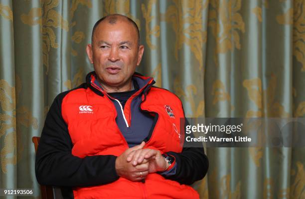 Eddie Jones, head coach of England speaks to the media during an England press conference at Pennyhill Park on January 30, 2018 in Bagshot, England.