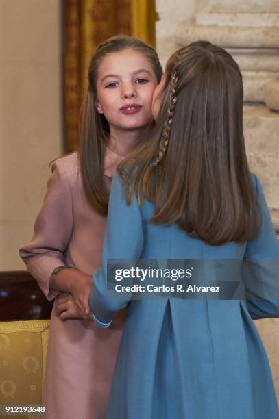 Princess Leonor of Spain and Princess Sofia of Spain attend the Order of Golden Fleece , ceremony at the Royal Palace on January 30, 2018 in Madrid,...