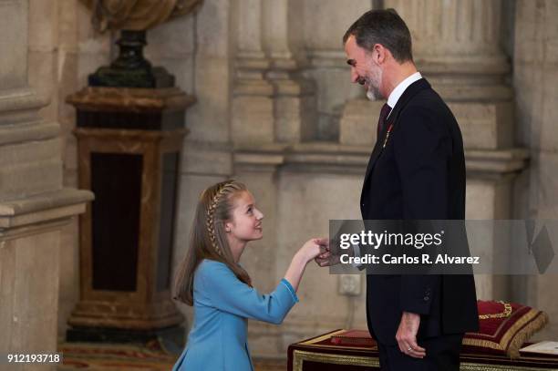 Princess Leonor of Spain receives one of Spain's highest honours, the Order of Golden Fleece , from King Felipe VI of Spain at the Royal Palace on...