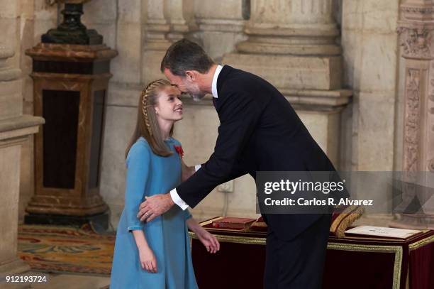 Princess Leonor of Spain receives one of Spain's highest honours, the Order of Golden Fleece , from King Felipe VI of Spain at the Royal Palace on...