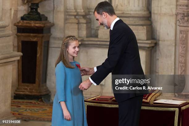 Princess Leonor of Spain receives one of Spain's highest honours, the Order of Golden Fleece , from King Felipe VI of Spain at the Royal Palace on...
