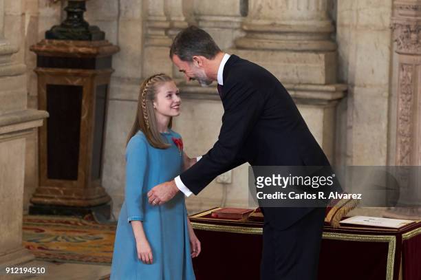 Princess Leonor of Spain receives one of Spain's highest honours, the Order of Golden Fleece , from King Felipe VI of Spain at the Royal Palace on...
