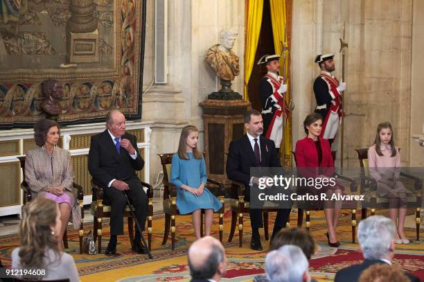 Queen Sofia, King Juan Carlos, Princess Leonor of Spain, King Felipe VI of Spain, Queen Letizia of Spain and Princess Sofia of Spain attend the Order...