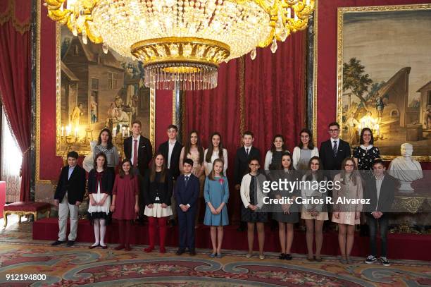 Princess Leonor of Spain greets children and winners of ÔQue Es un Rey Para TiÕ competition, after they received one of Spain's highest honours, the...