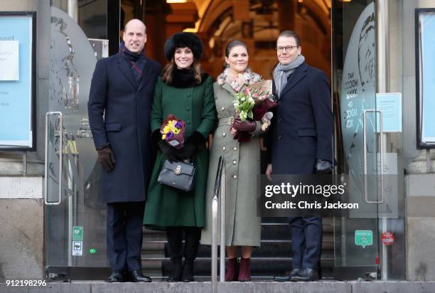 Prince William, Duke of Cambridge and Catherine, Duchess of Cambridge with Crown Princess Victoria of Sweden and Prince Daniel of Sweden pose as they...