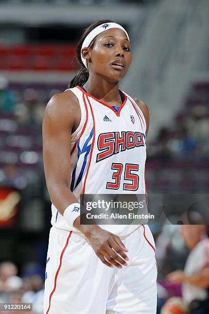 Cheryl Ford of the Detroit Shock takes a break from the action during Game One of the WNBA Eastern Conference Finals against the Indiana Fever at The...