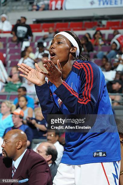 Cheryl Ford of the Detroit Shock watches from the sidelines during Game One of the WNBA Eastern Conference Finals against the Indiana Fever at The...
