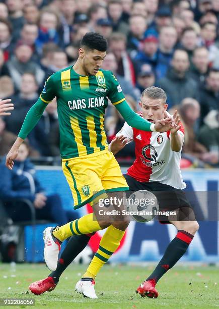 Bjorn Johnsen of ADO Den Haag, Sven van Beek of Feyenoord during the Dutch Eredivisie match between Feyenoord v ADO Den Haag at the Stadium...