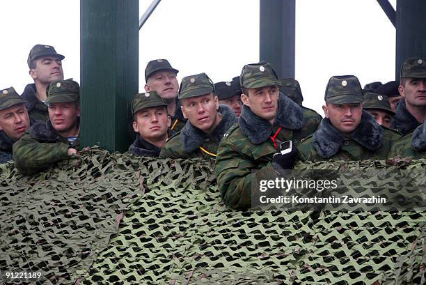 Russian Army officers watch military exercise at Baltic Fleet's Khmelyovka training center near Baltiysk on September 28, 2009 in the Kaliningrad...
