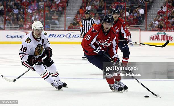 Nicklas Backstrom of the Washington Capitals skates against the Chicago Blackhawks during their preseason game on September 23, 2009 at the Verizon...