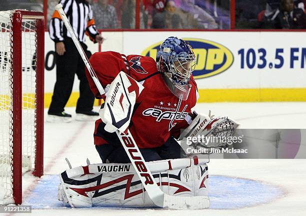 Semyon Varlamov of the Washington Capitals skates against the Chicago Blackhawks during their preseason game on September 23, 2009 at the Verizon...