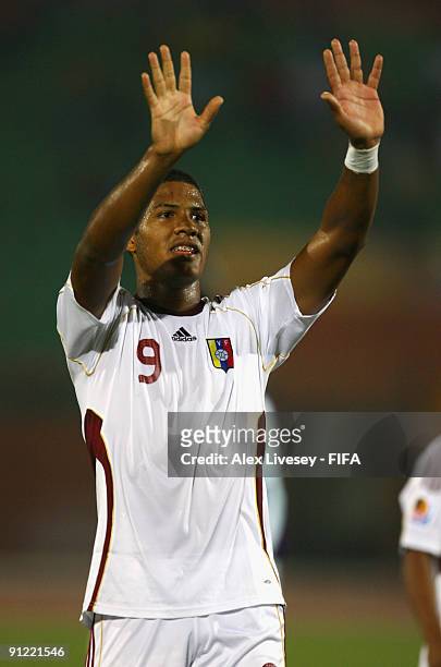 Hat-trick goalscorer Jose Rondon of Venezuela celebrates after victory over Tahiti in the FIFA U20 World Cup Group B match between Tahiti and...