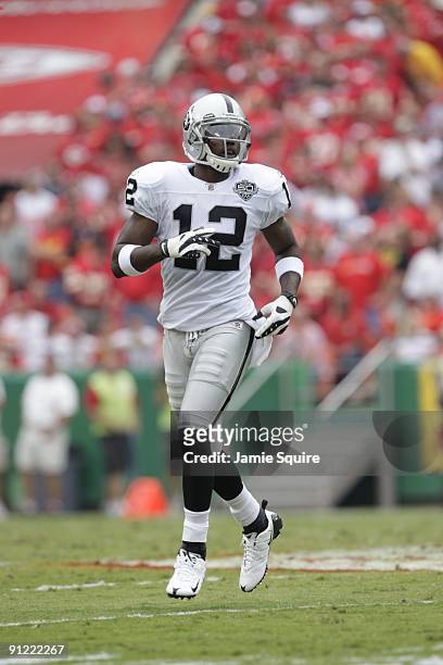 Darrius Heyward-Bey of the Oakland Raiders runs on the field during the game against the Kansas City Chiefs at Arrowhead Stadium on September 20,...