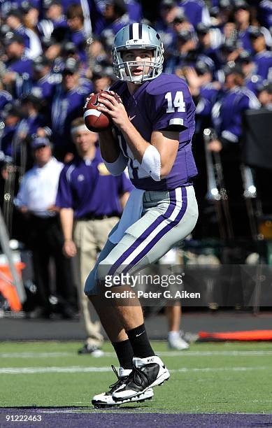 Quarterback Carson Coffman of the Kansas State Wildcats drops back to pass during the first quarter against the Tennessee Tech Golden Eagles at Bill...