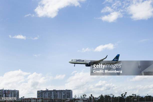 JetBlue Airways. Plane prepares for landing at Luis Munoz Marin International Airport in Carolina, Puerto Rico, on Sunday, Jan. 21, 2018. Before...