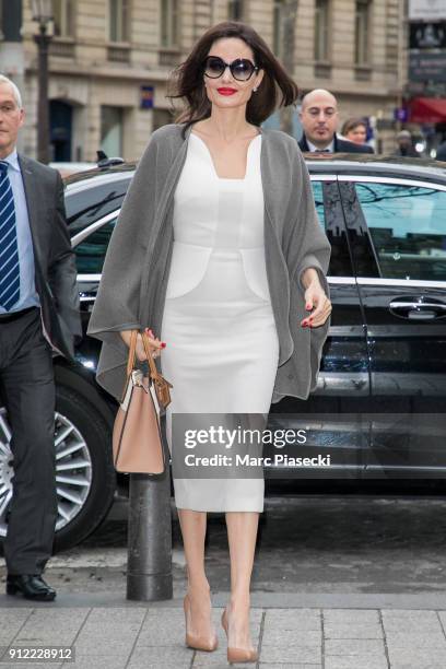 Actress Angelina Jolie arrives at the 'Guerlain' store on the Champs-Elysees avenue on January 30, 2018 in Paris, France.