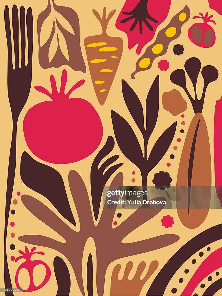 A whimsical illustration of a fork and garden vegetables