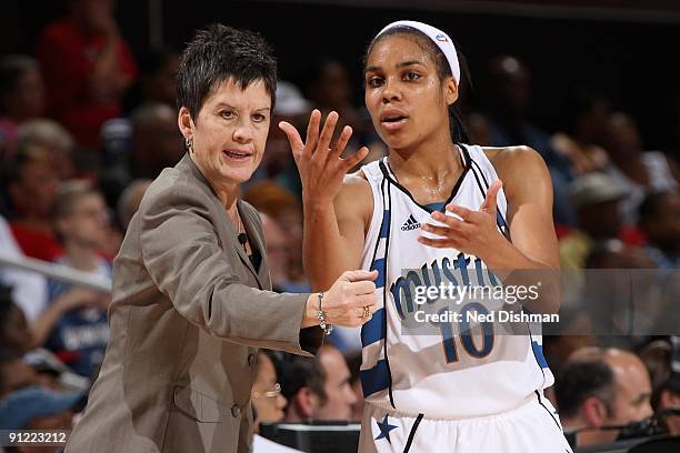 Lindsey Harding of the Washington Mystics talks to Head Coach Julie Plank during Game One of the WNBA Eastern Conference Semi-Finals against the...