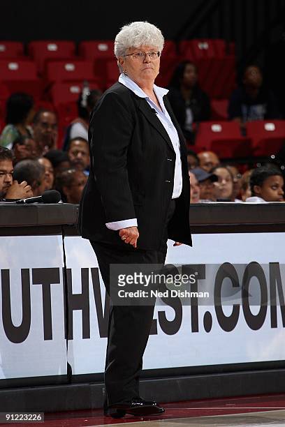 Head Coach Lin Dunn of the Indiana Fever watches from the sidelines during Game One of the WNBA Eastern Conference Semi-Finals against the Washington...
