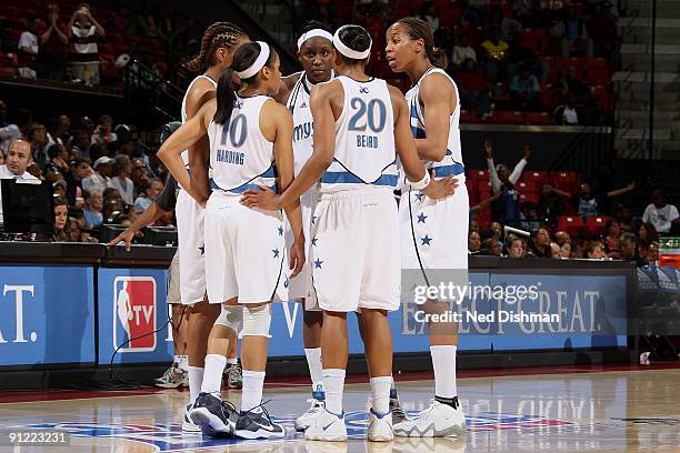 Chasity Melvin of the Washington Mystics huddles with teammates during Game One of the WNBA Eastern Conference Semi-Finals against the Indiana Fever...