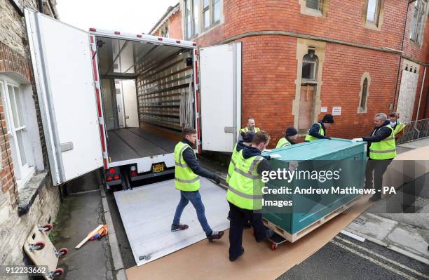 The Natural History Museum's Diplodocus skeleton cast, known as Dippy, arrives for installation at Dorset County Museum in Dorchester, the first stop...