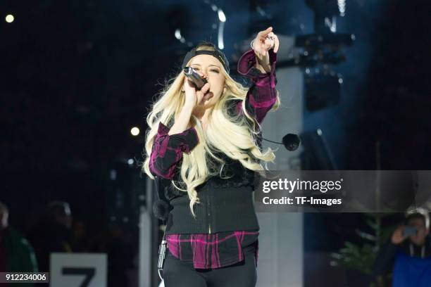 Mia Julia Brueckner sings during the JOKA Biathlon World Team Challenge at Veltins-Arena on December 28, 2017 in Gelsenkirchen, Germany.